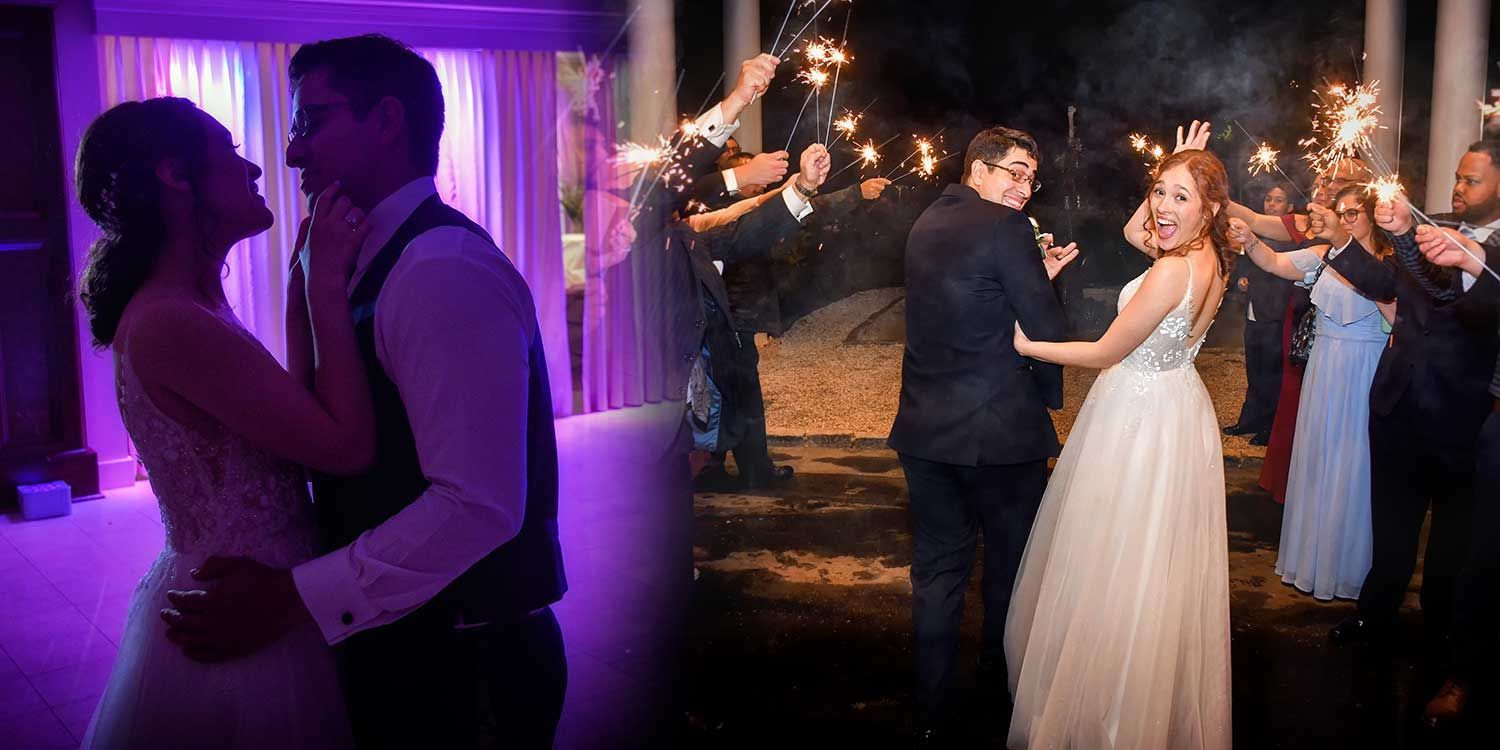 Couple slow dancing at a wedding reception, with purple lighting and guests cheering in the background