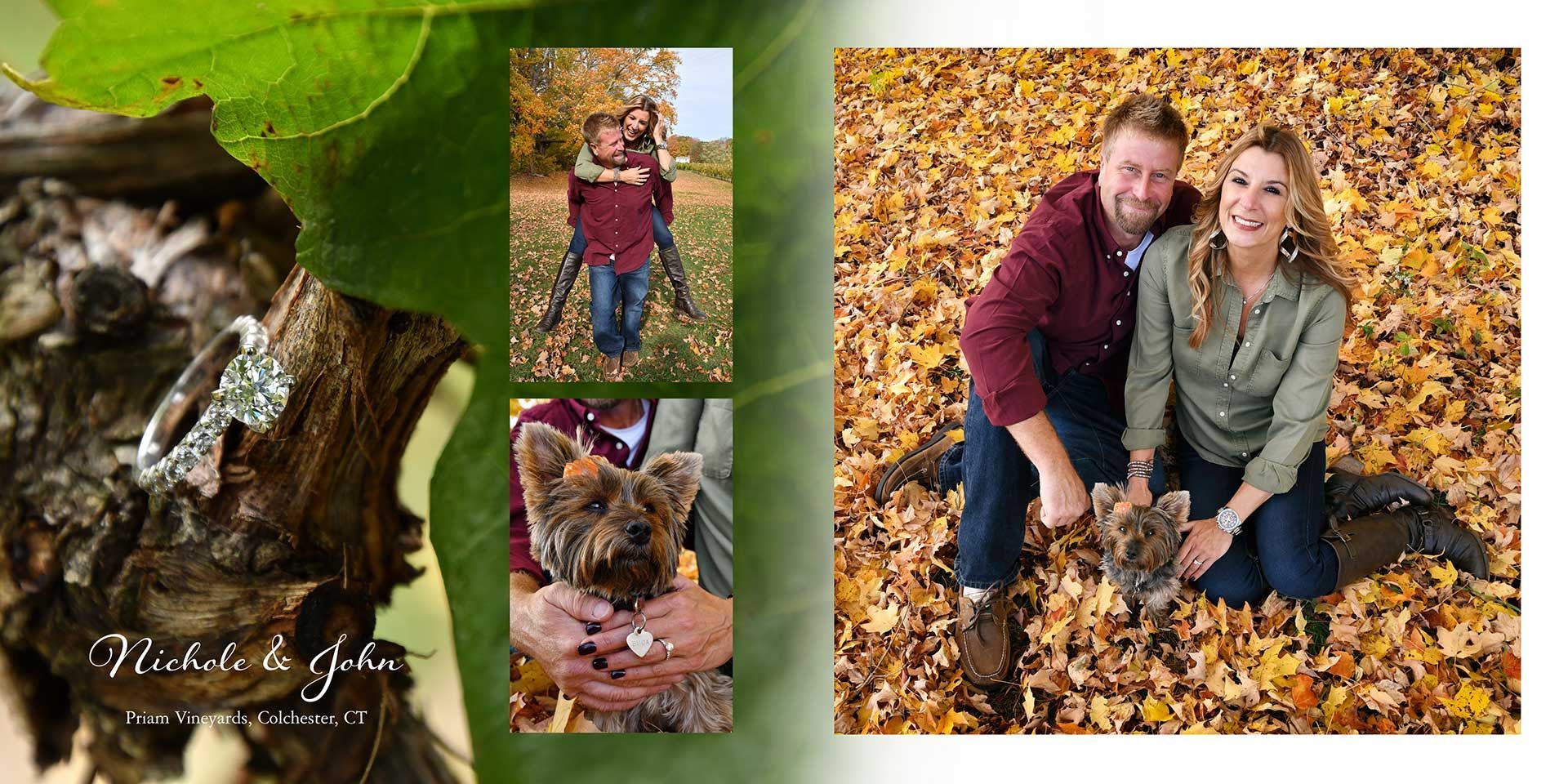 Collage of a couple posing in autumn leaves, including a close-up of their faces and a small pet.