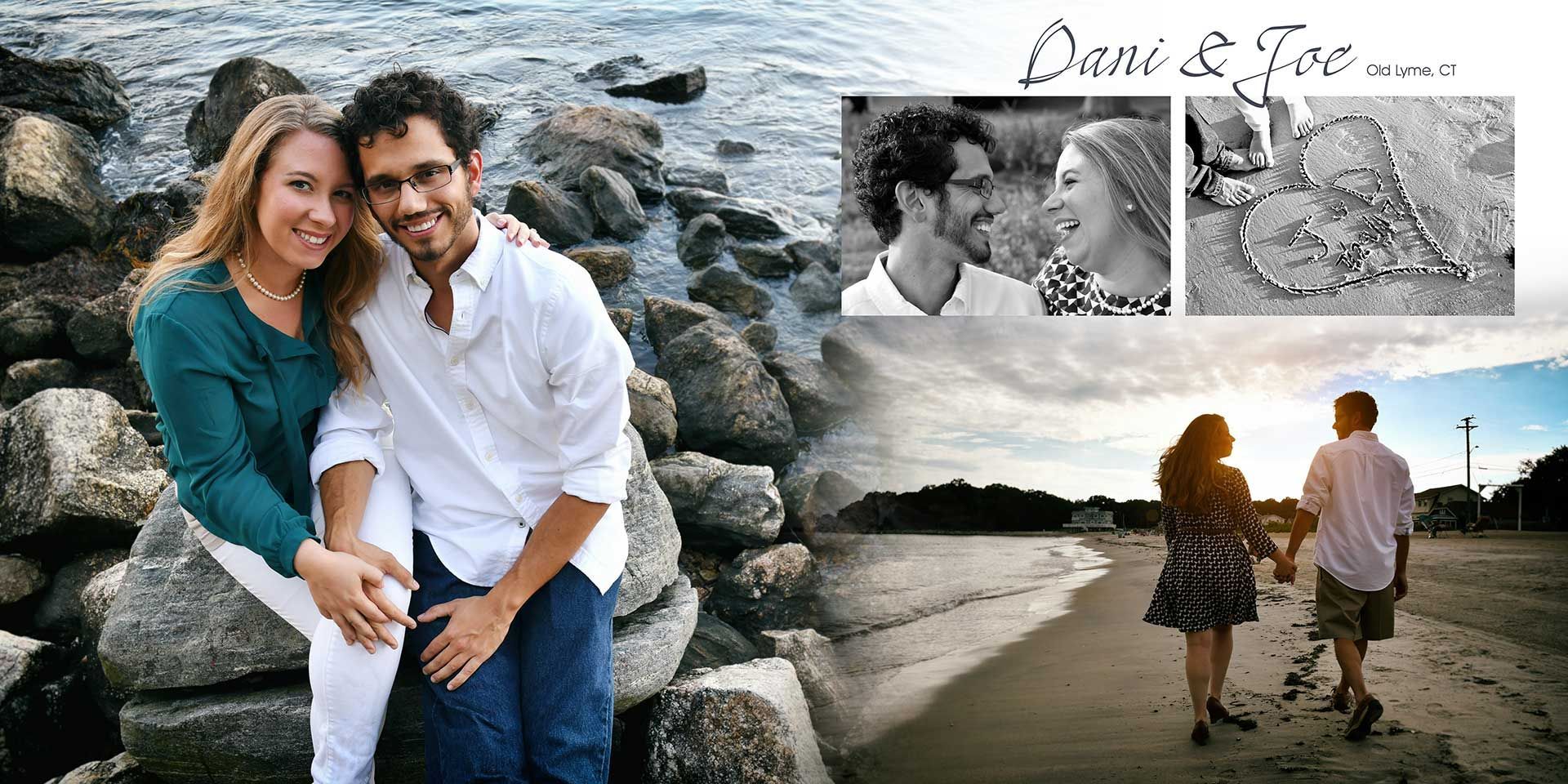 Engaged Couple posing on rocky beach collage, with a sunset walk along the shoreline for engagement photos.