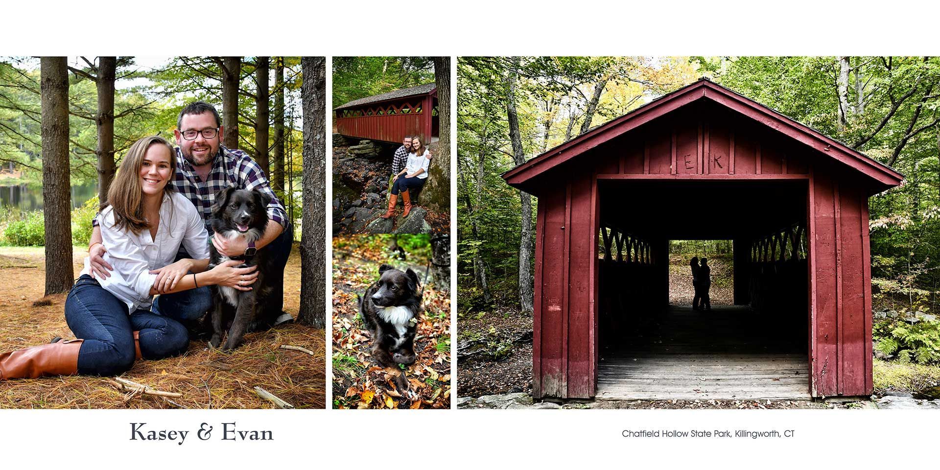 Engagement portrait and dog in a wooded area beside a red wooden shed and rustic gate