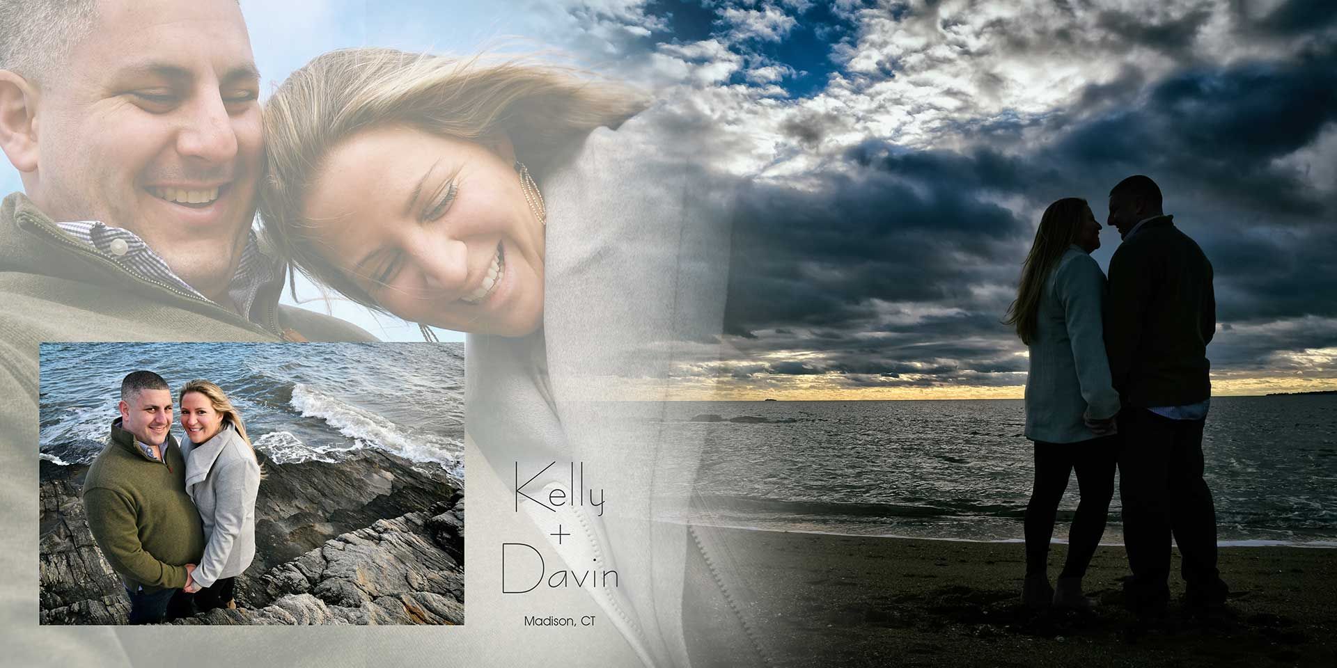 Couple embracing by the sea at sunset, with a collage of their smiling portraits above and beside them
