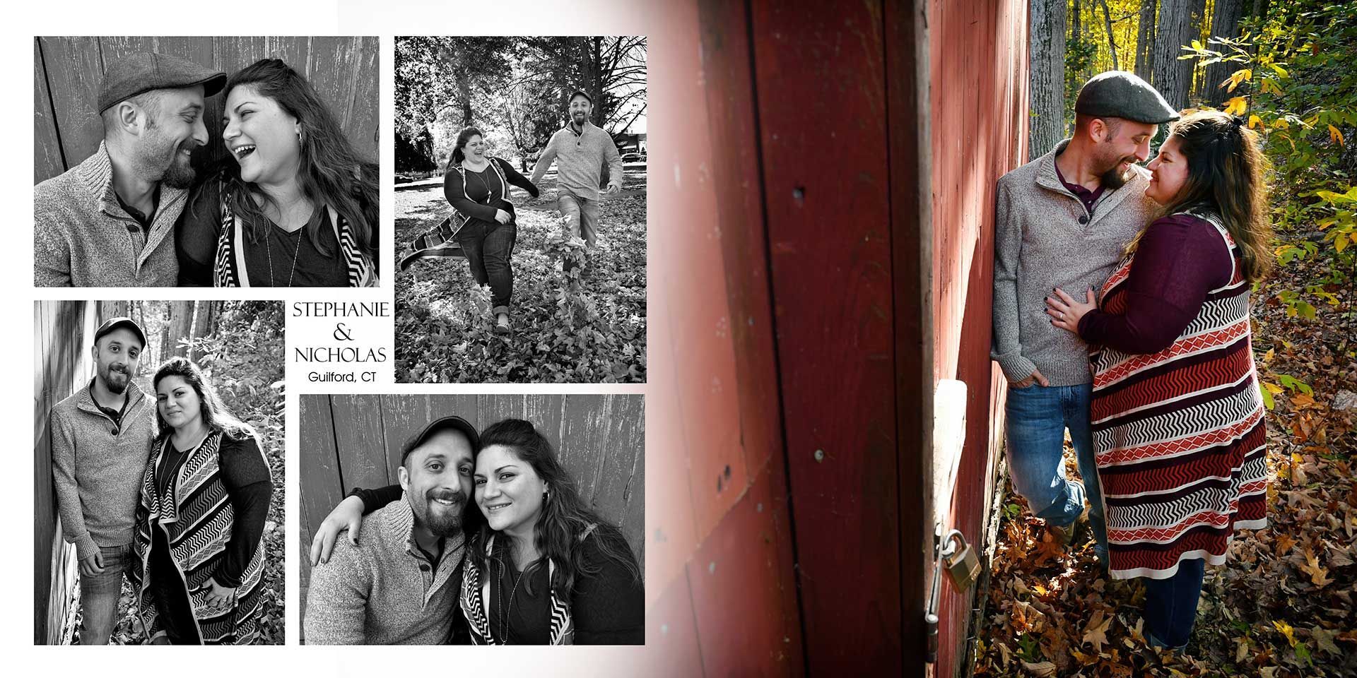 Collage of black-and-white couple photos beside a color photo of a couple embracing in a doorway