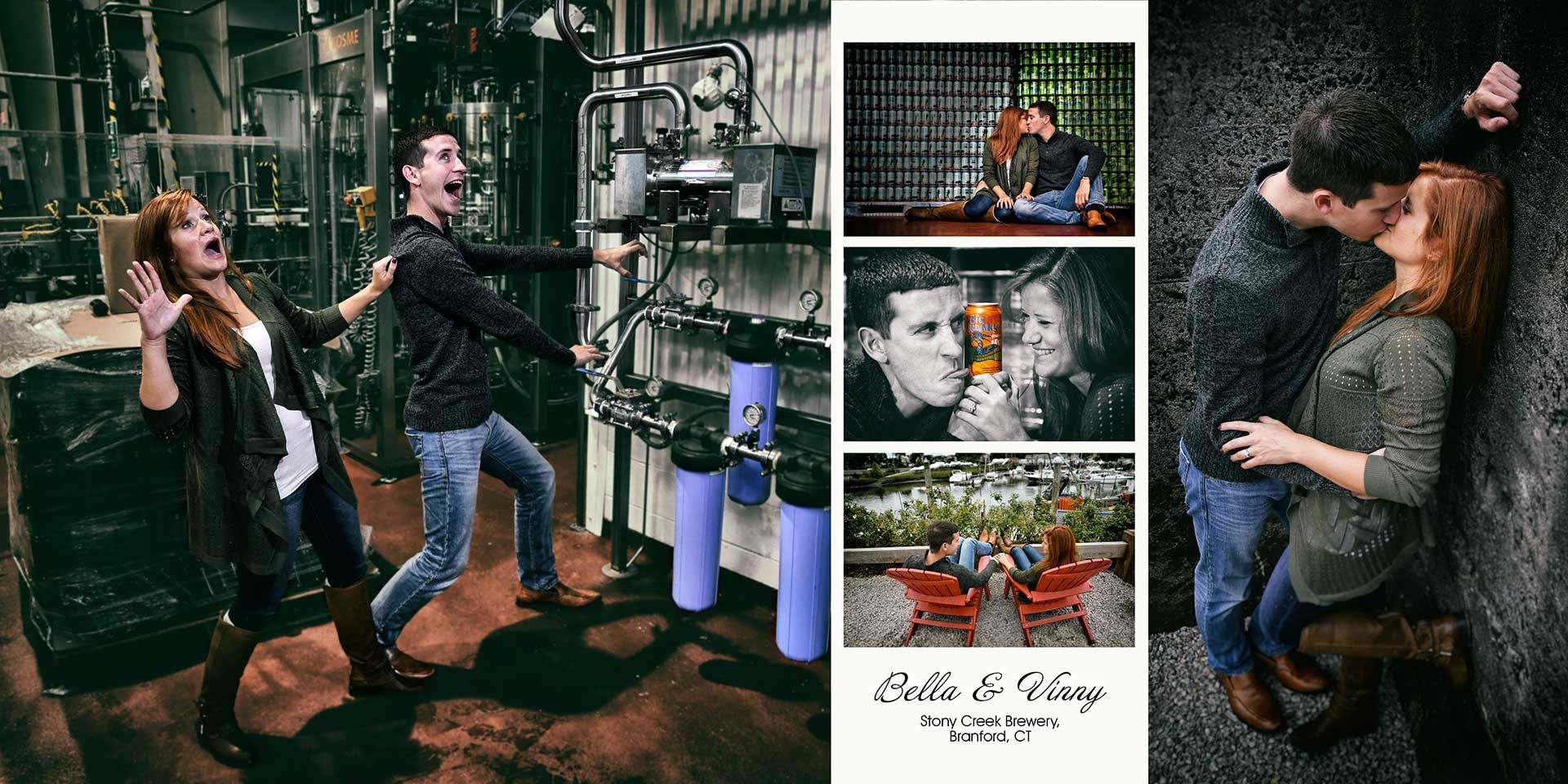 Couple in a lab-like room dancing, with a small photo collage of the same couple on the right side.