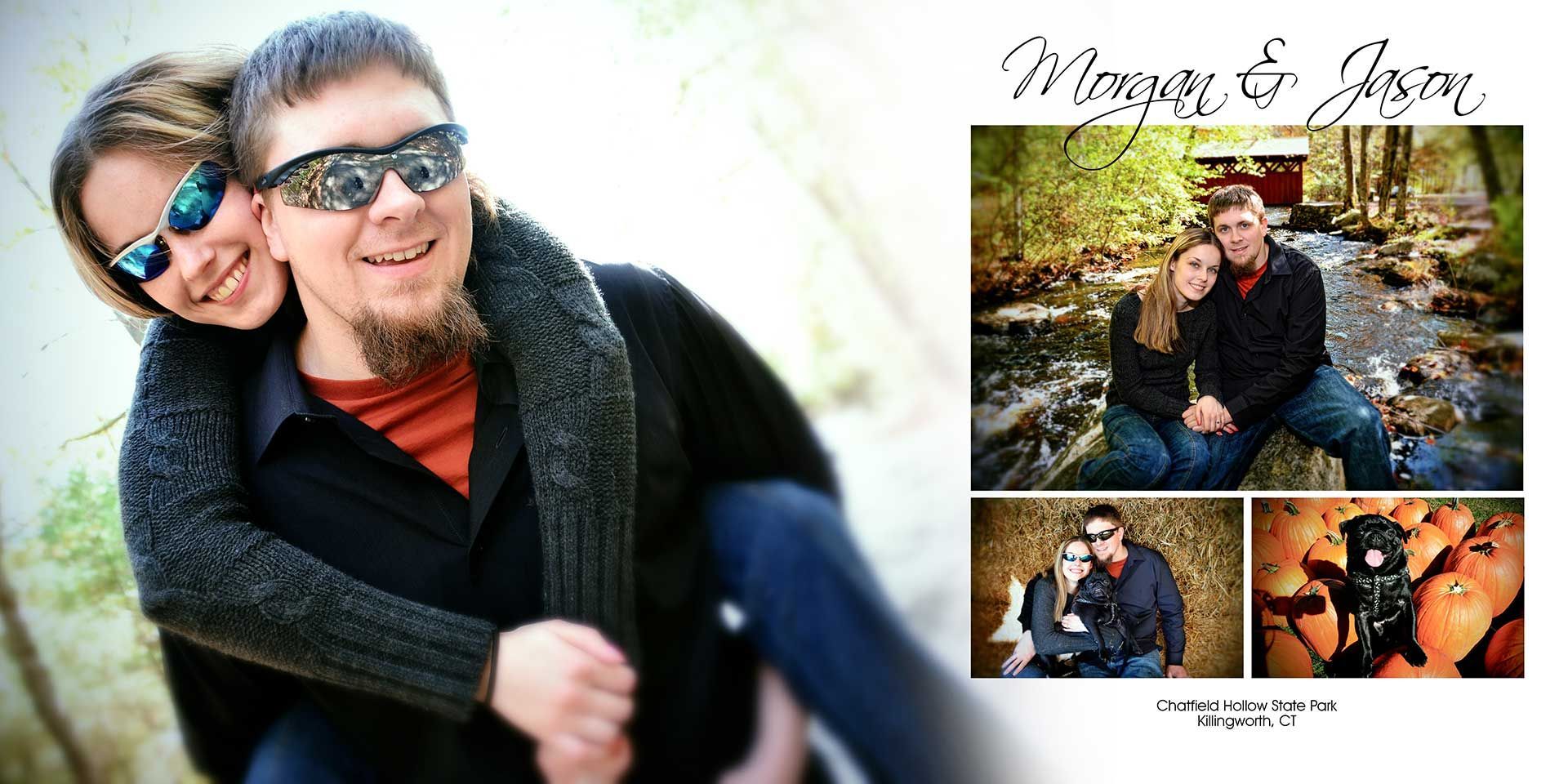 Collage of a couple outdoors in autumn, with a large portrait and three smaller candid photos.