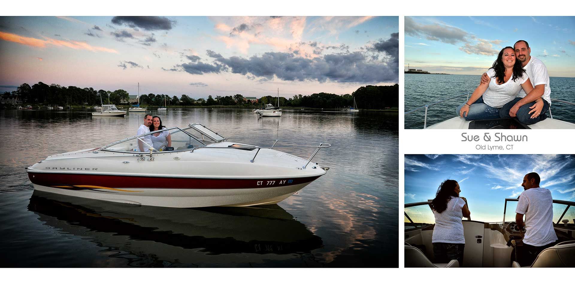 Engaged couple riding a white speedboat on a calm lake at sunset, with two smaller dockside photos.