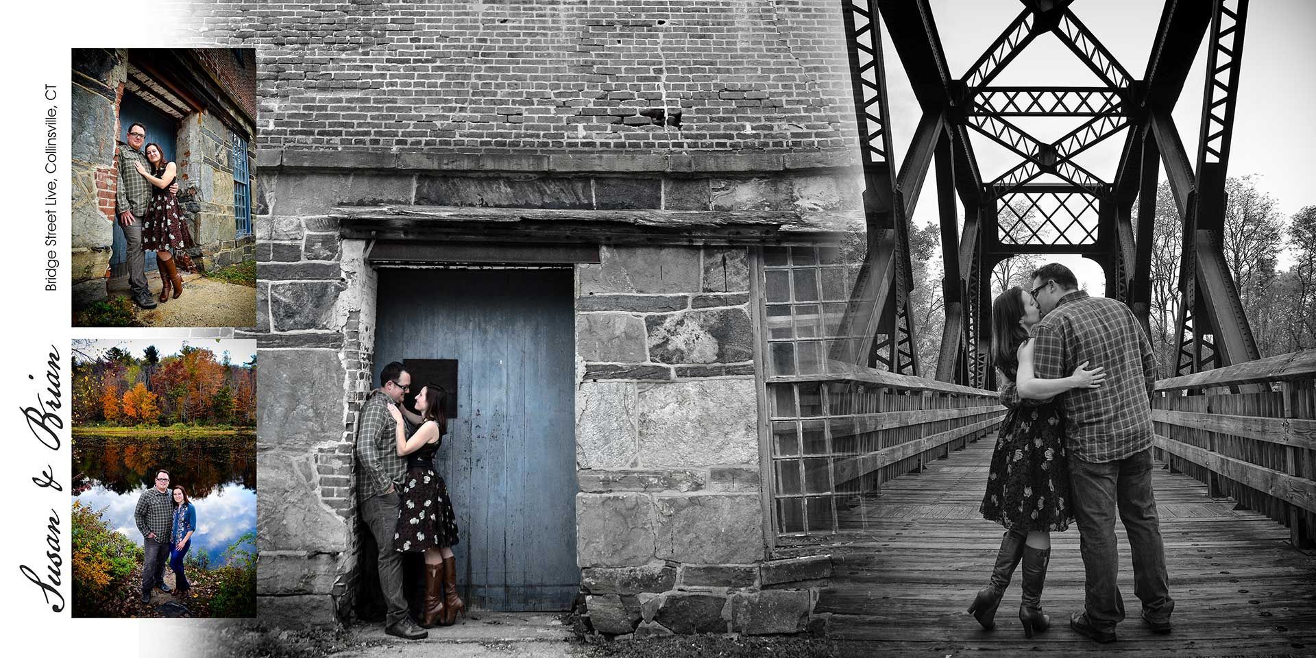 Couple embracing by a blue door, with a black-and-white bridge scene beside them.