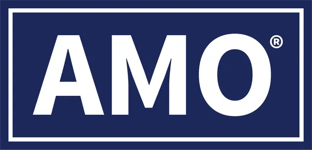 A blue and white amo logo on a white background