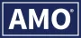A blue and white amo logo on a white background