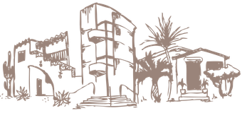 A drawing of a city skyline with buildings and palm trees.