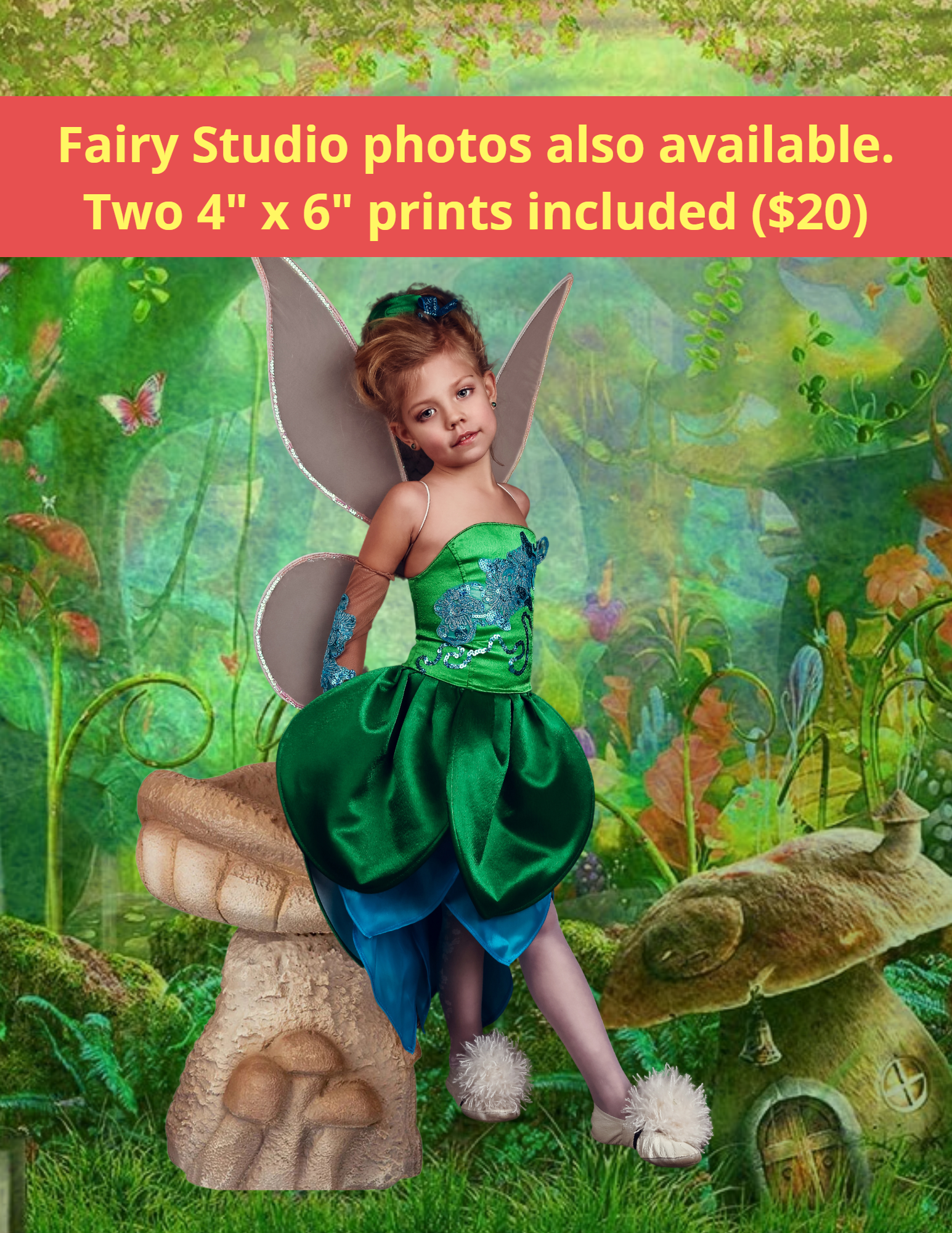 A little girl in a fairy costume is sitting on a mushroom.