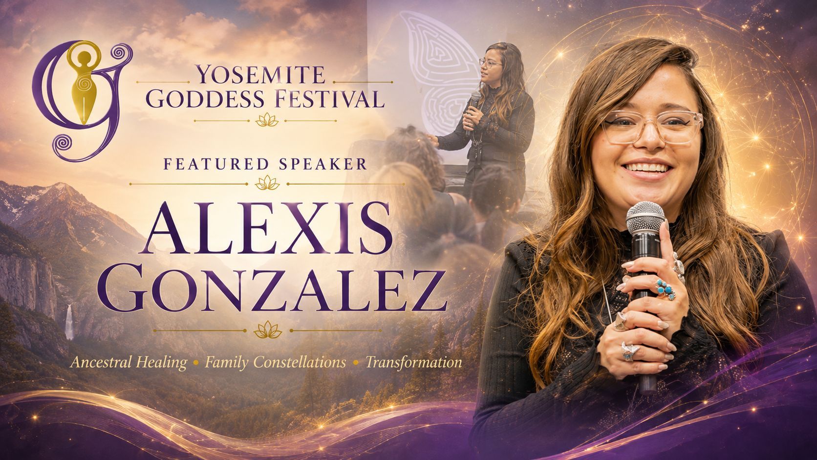 Alexis Gonzalez, founder of Vibrate to Create and featured speaker at Yosemite Goddess Festival, presenting ancestral healing through Family Constellations.