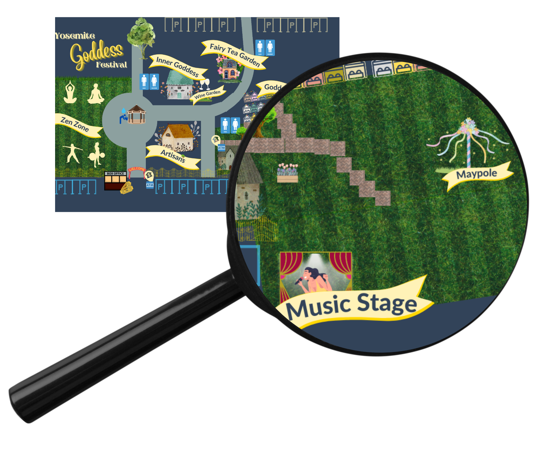 A magnifying glass shows a map of a music stage
