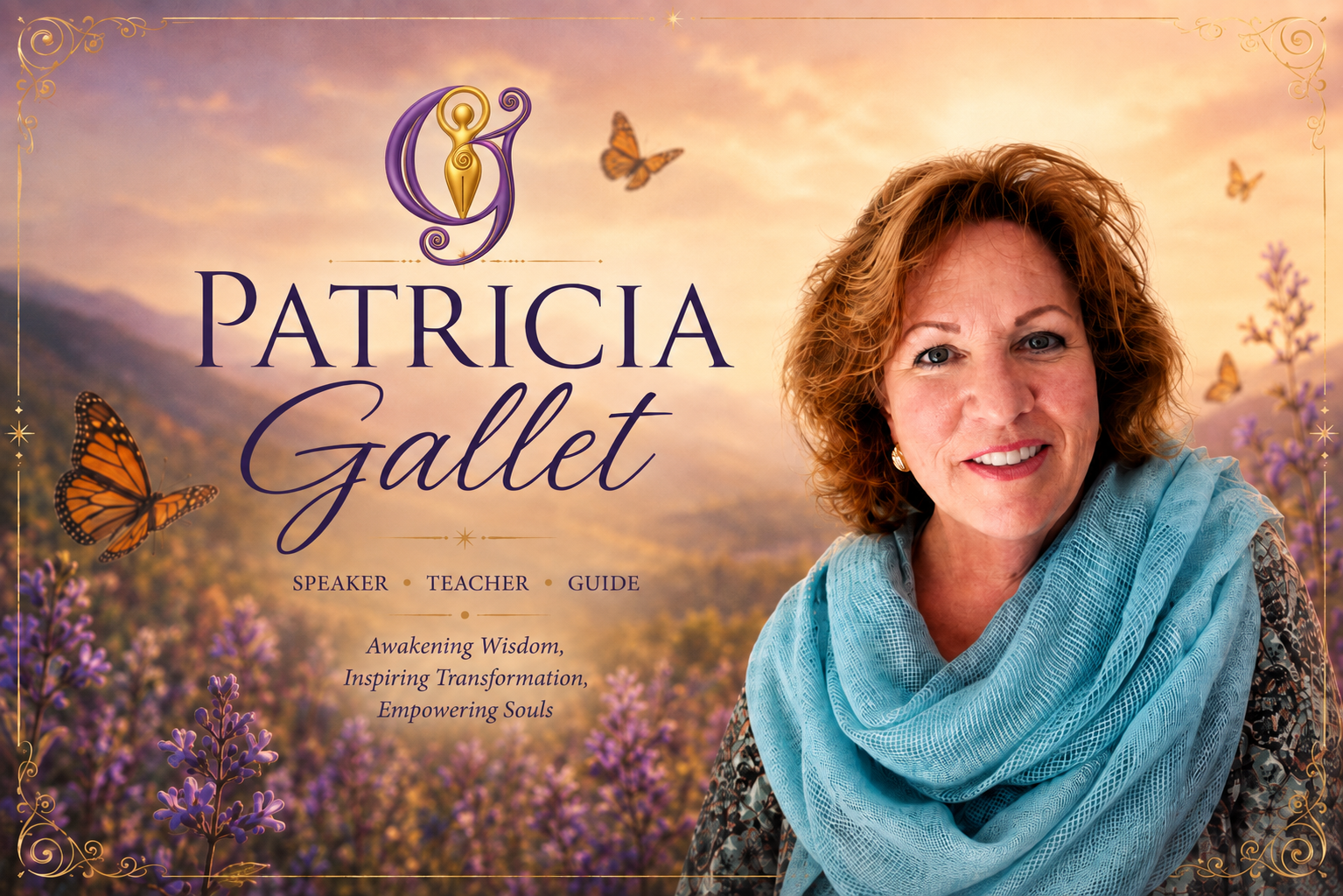 Patricia Gallet featured as a Yosemite Goddess Festival speaker against a warm Mariposa foothills landscape with lavender, monarch butterflies, and the iconic Goddess Festival G.