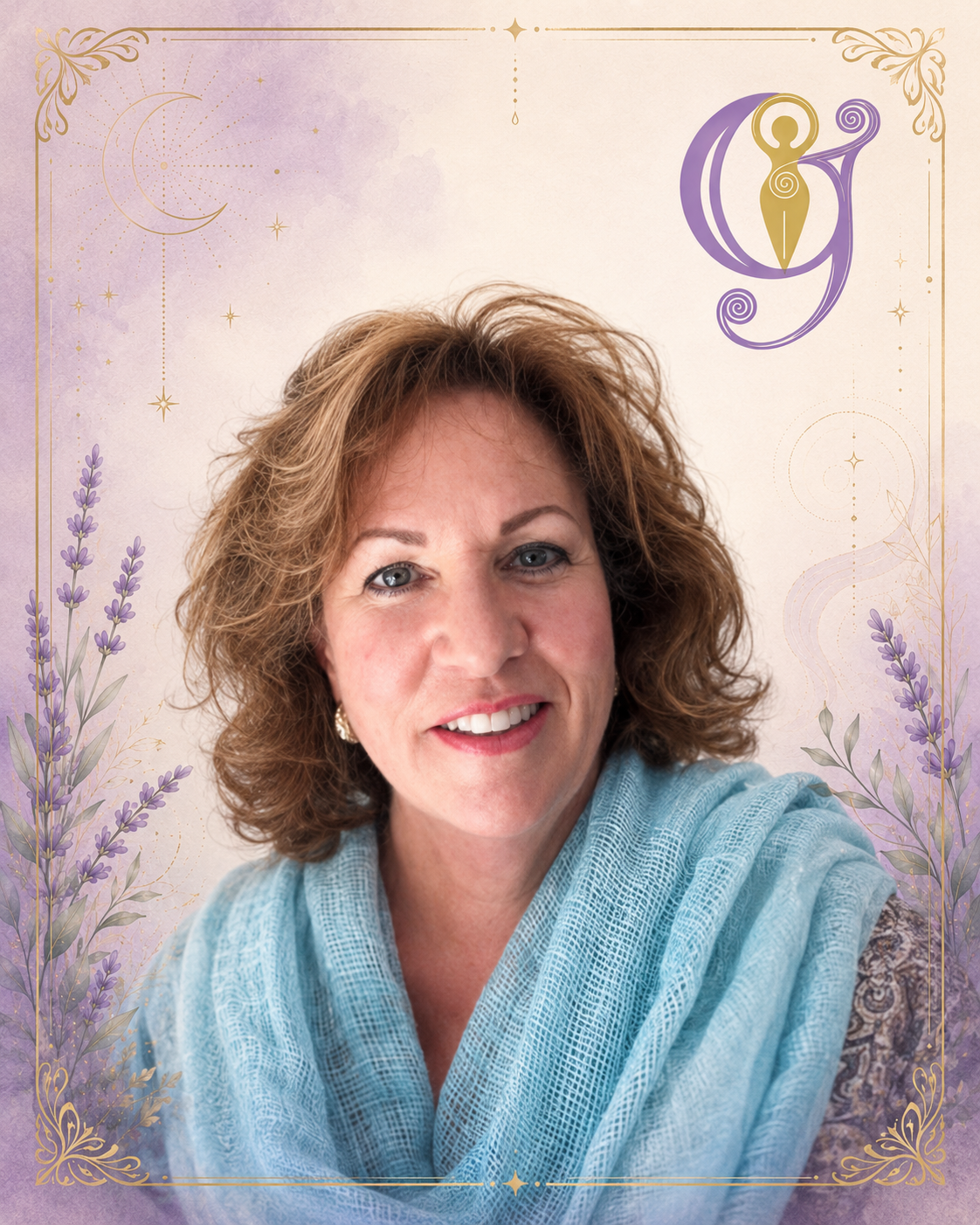 Patricia Gallet smiling in a turquoise scarf against a lavender and gold Yosemite Goddess Festival speaker background.