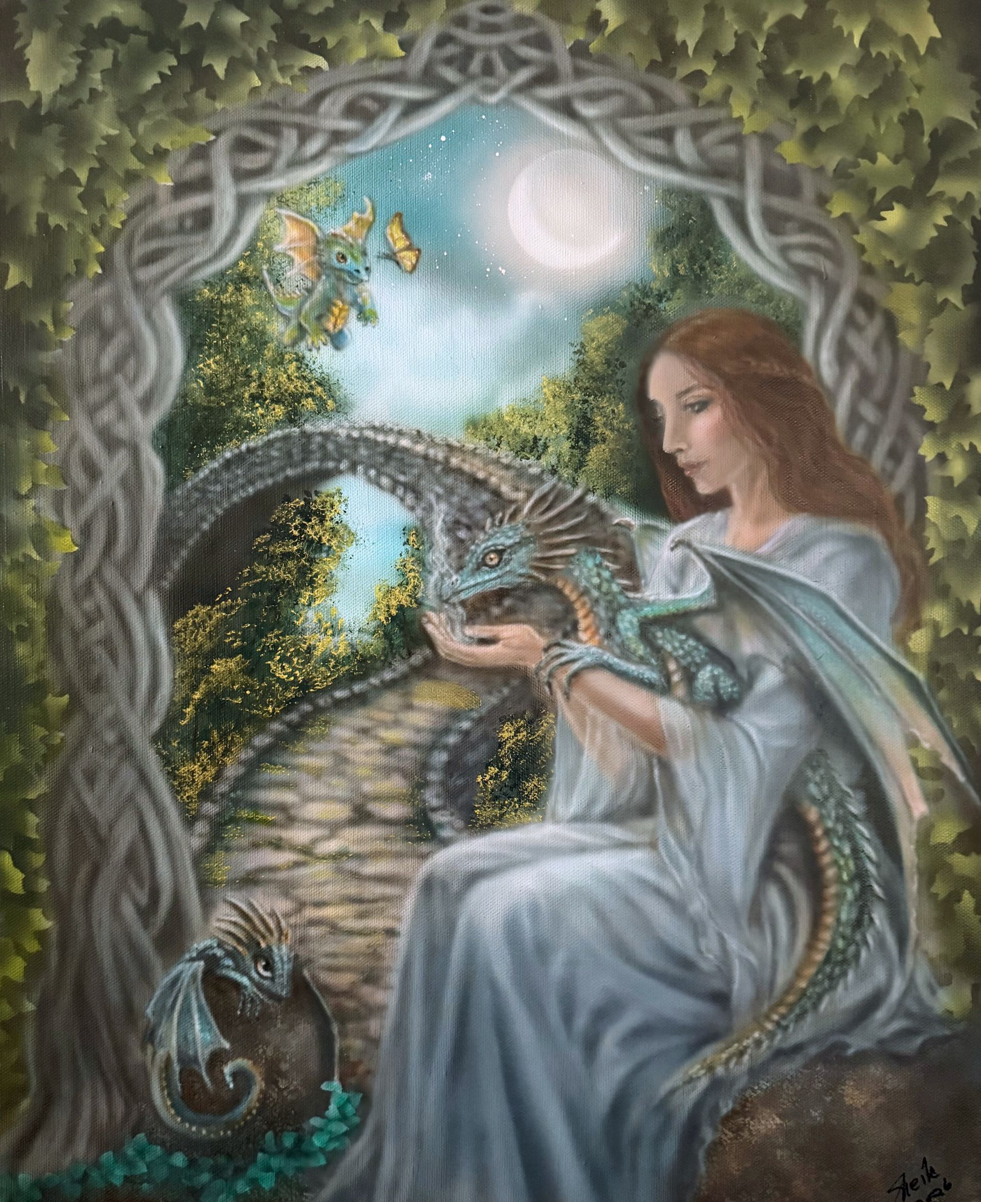 Woman in a blue dress seated by a moonlit garden arch, holding a glowing bird.
