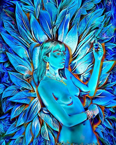 Blue-toned woman among large leaves, holding a small object with a serene expression.