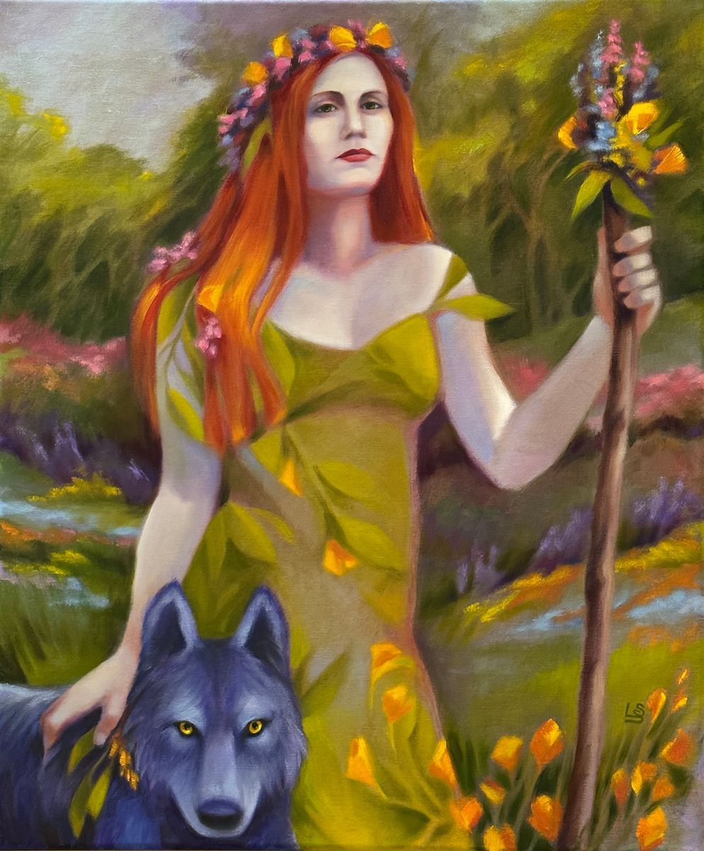 Red-haired woman in a green dress stands in a forest with a wolf and a flower-topped staff