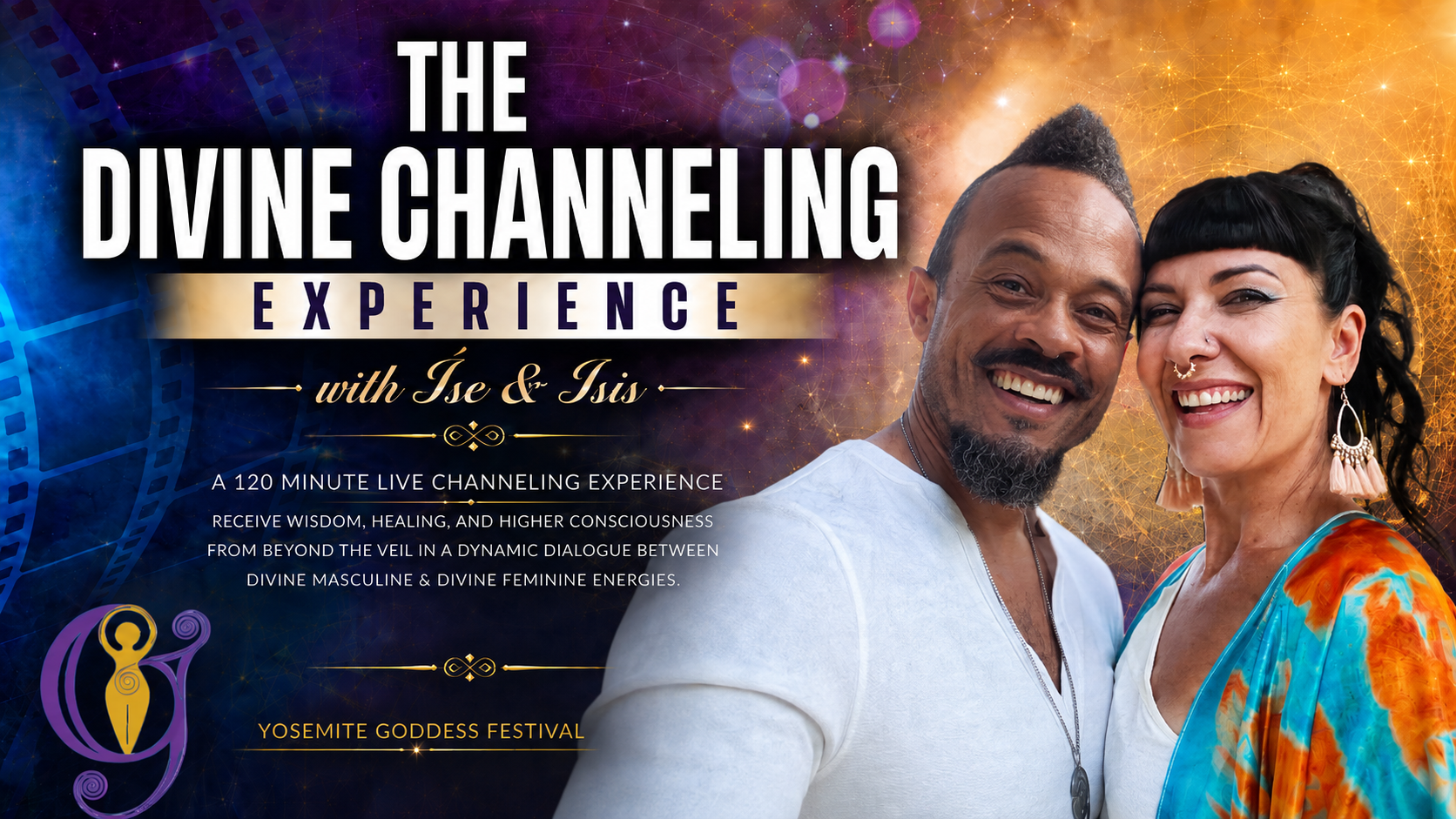 &Iacute;se and Isis smiling together for The Divine Channeling Experience, a live channeling session exploring wisdom, healing, and divine masculine and feminine energies at Yosemite Goddess Festival.