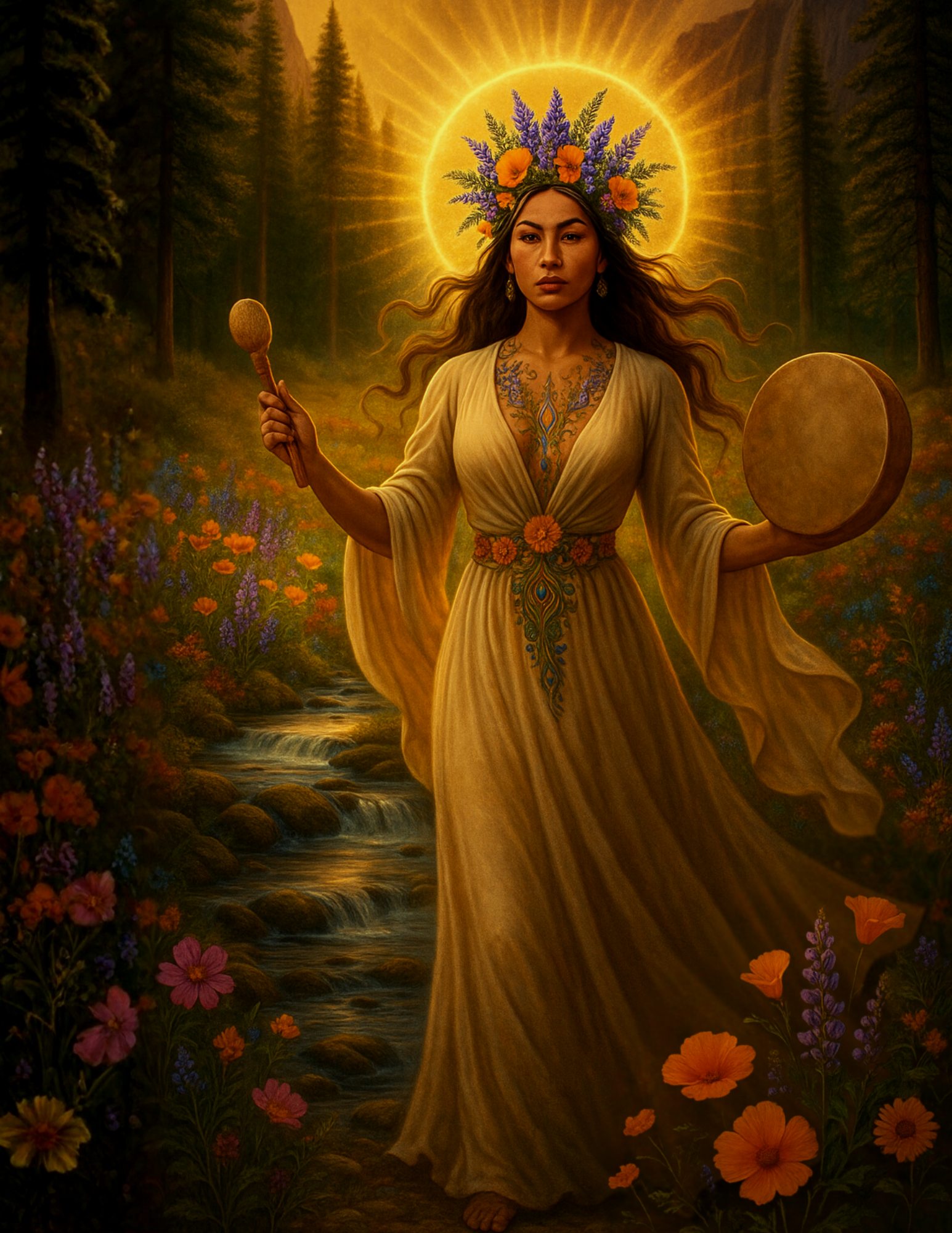 Woman with floral crown and halo holds drum and rattle in forest with flowers and stream.