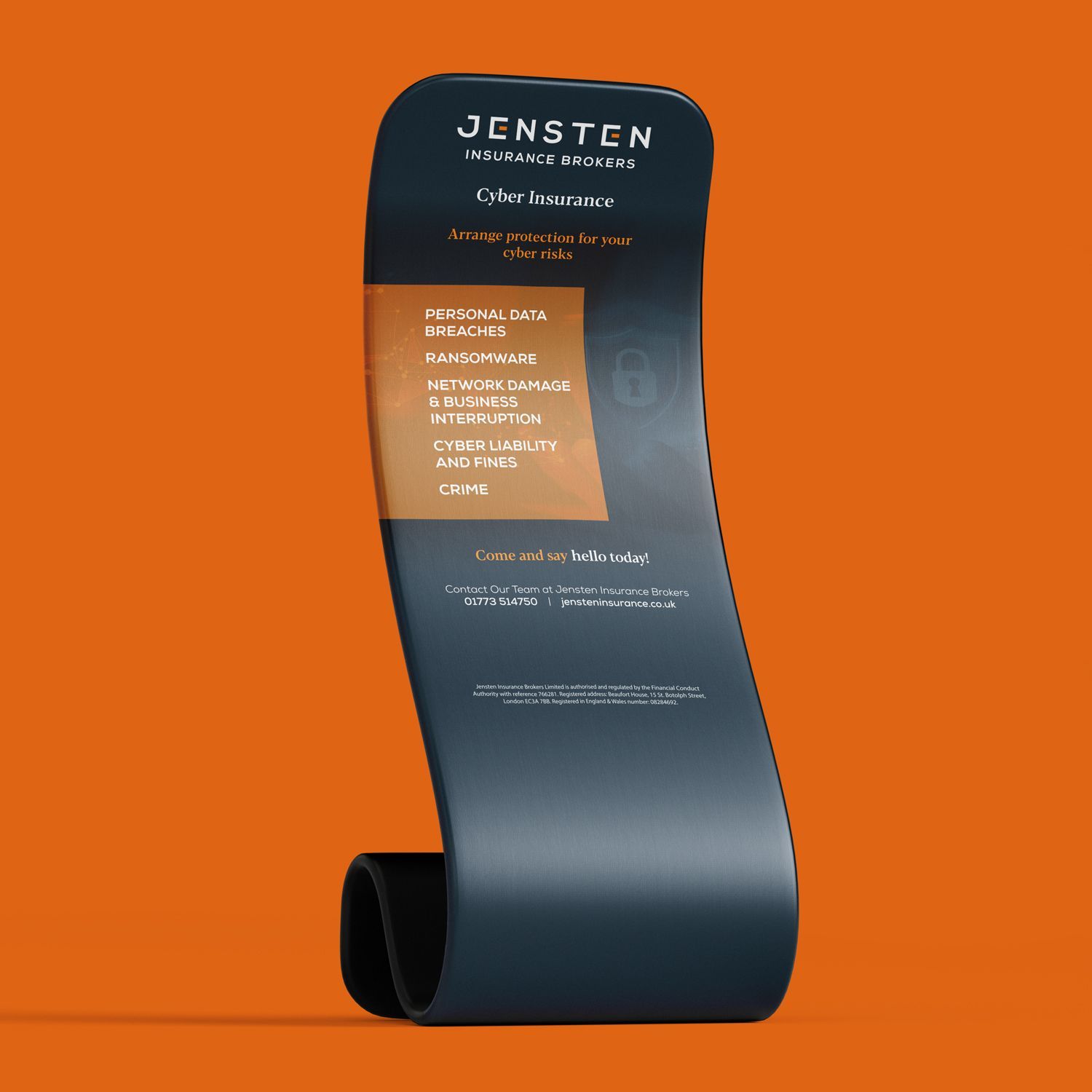 A black fabric stand with the name jensten on it