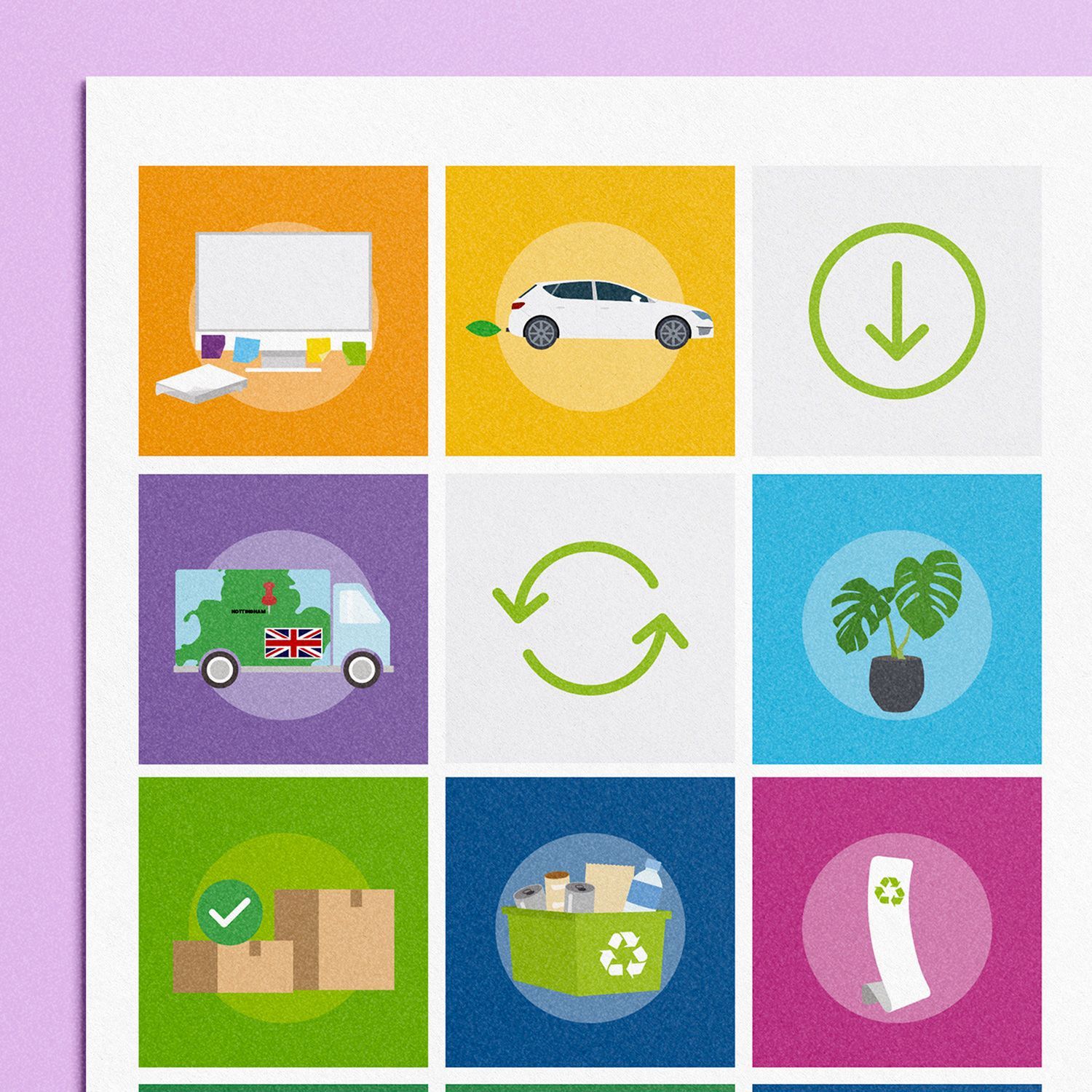 Sustainability  icons: printer, electric car, downward arrow, recycling symbol, potted plant, boxes, recycling bin