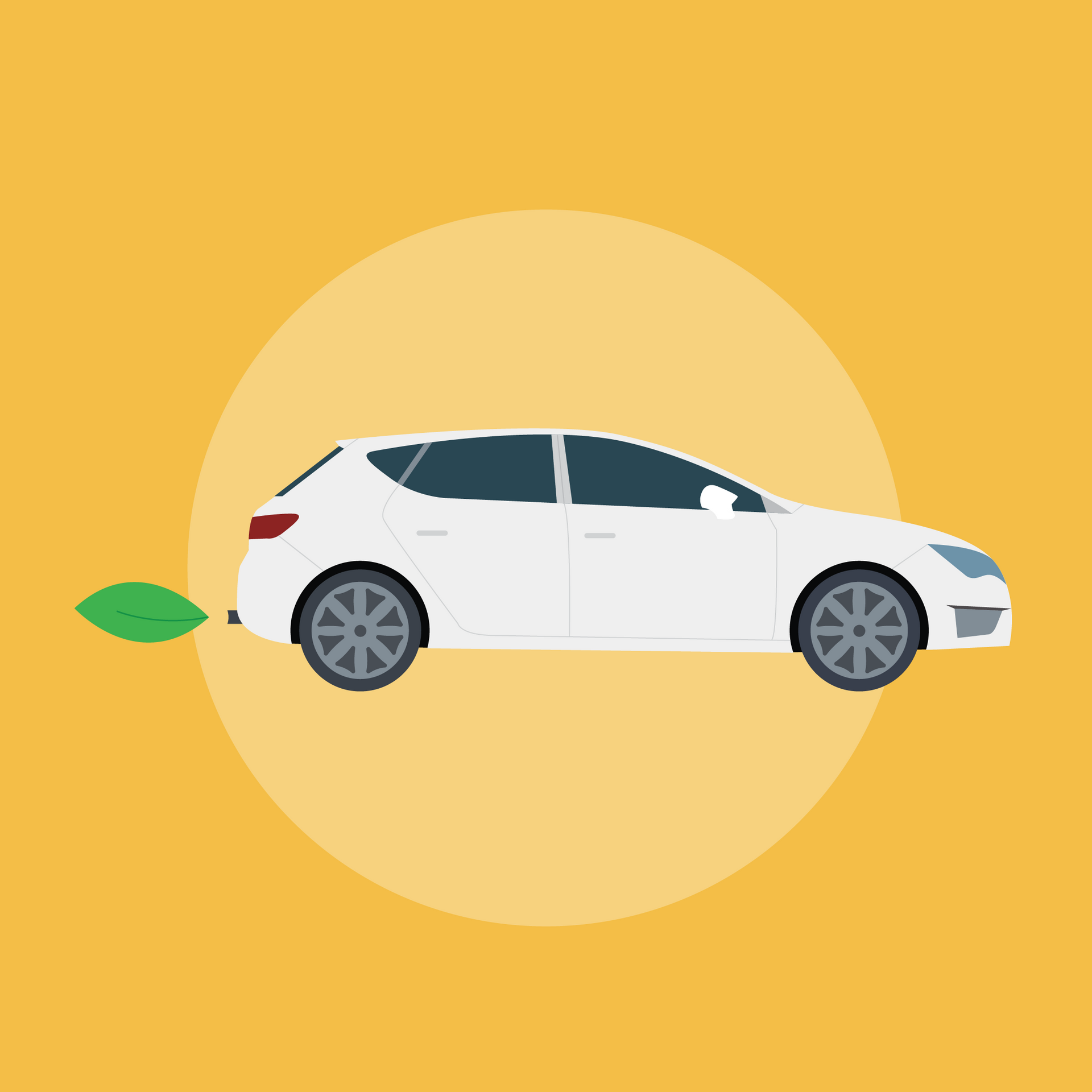 A white car with a green leaf sticking out of it 's tailpipe.