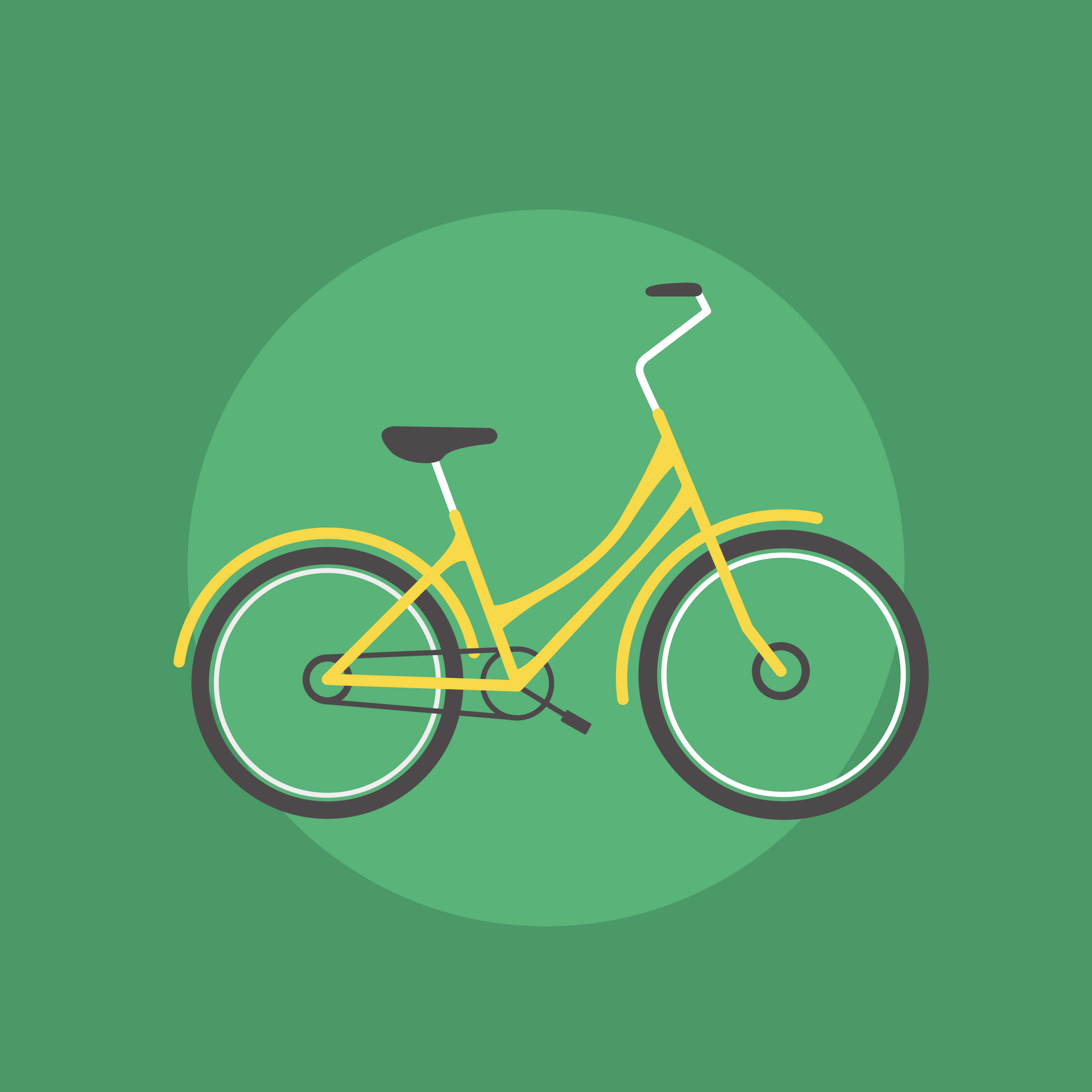 A yellow bicycle is sitting in a green circle on a green background.