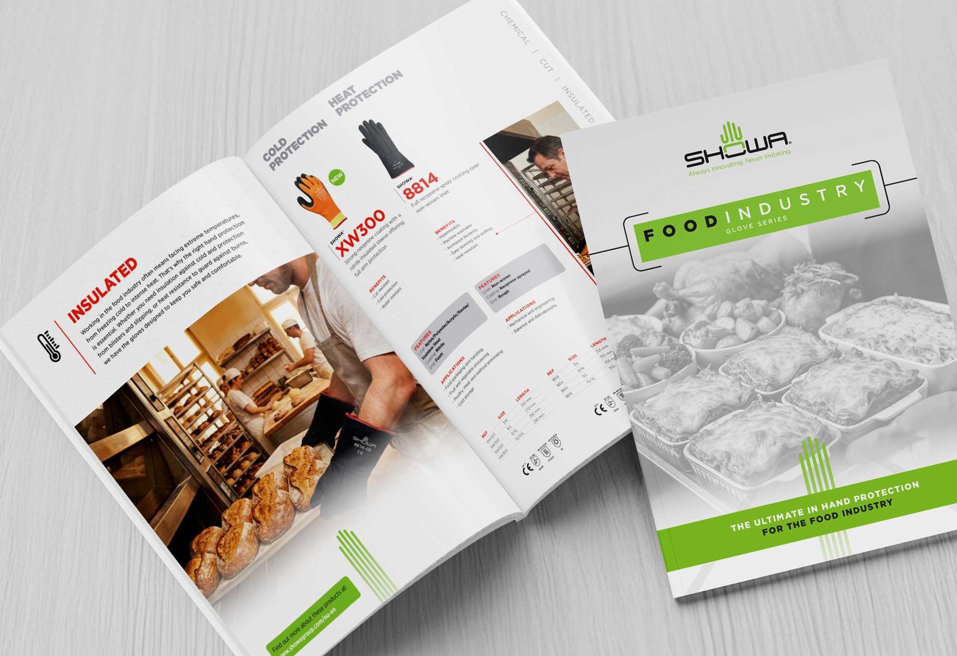 A brochure for the food industry showing insulated gloves for bakery use, with a cover page and a page of product specs.