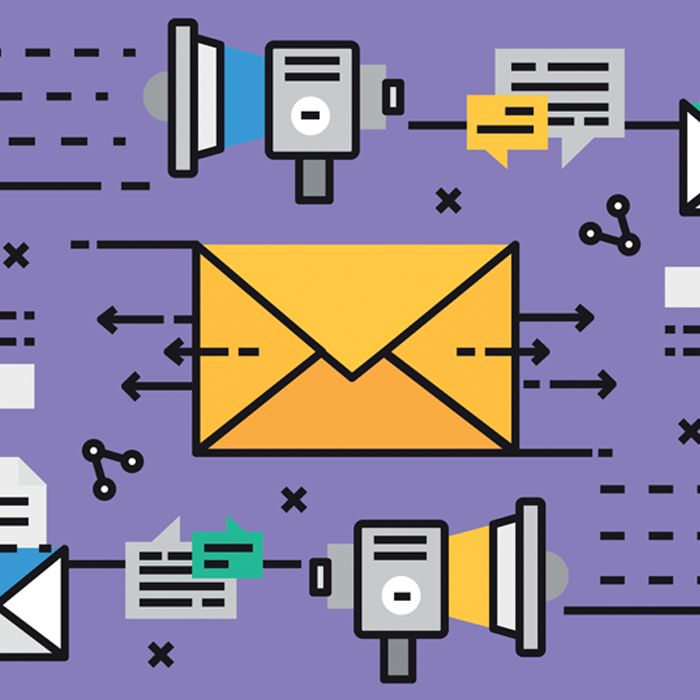 a yellow envelope is surrounded by various icons on a purple background