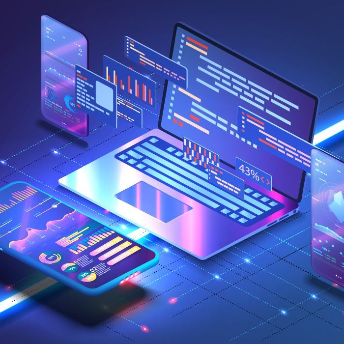 an isometric illustration of a laptop and a cell phone
