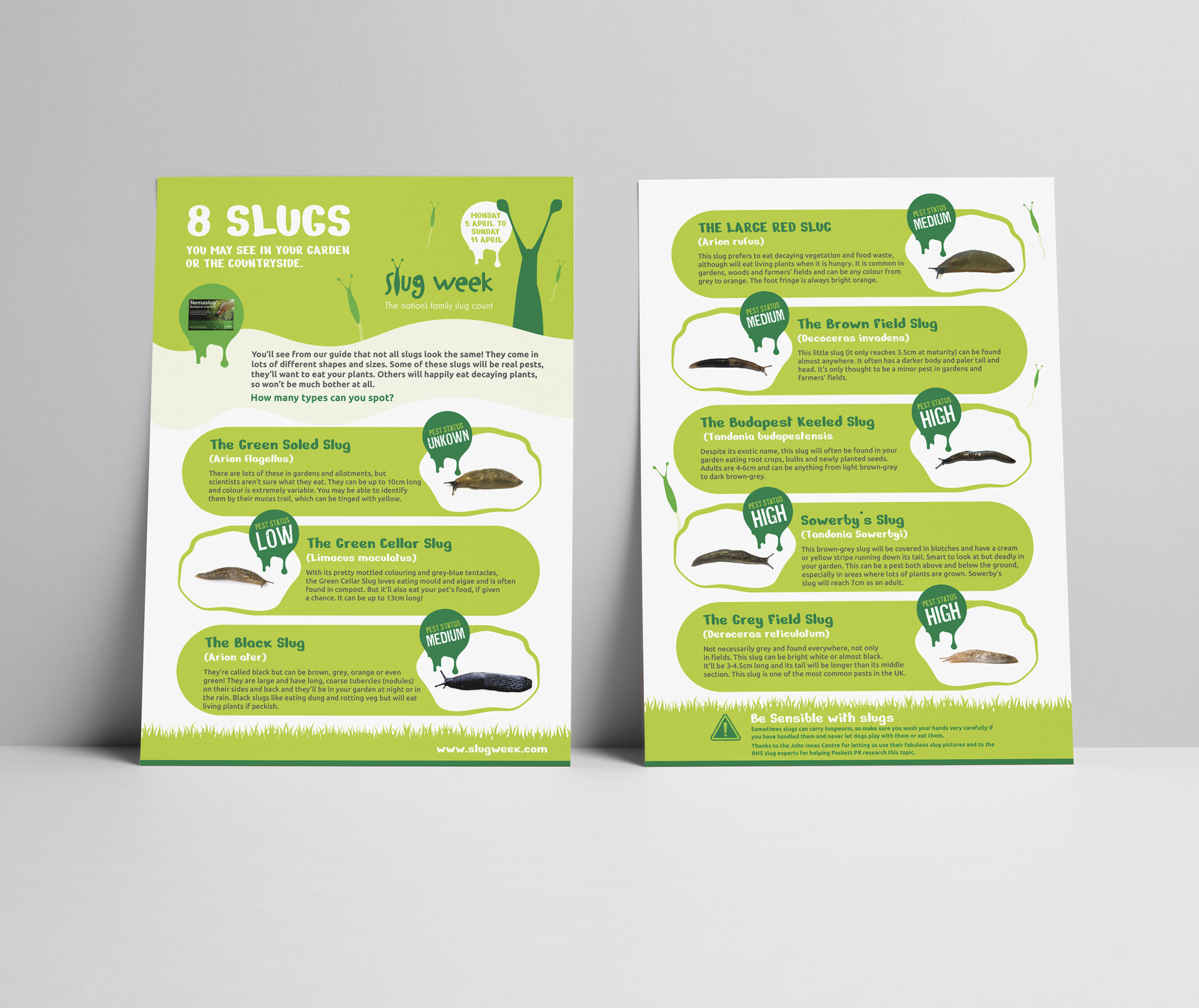 Two green and white informational posters about slugs.
