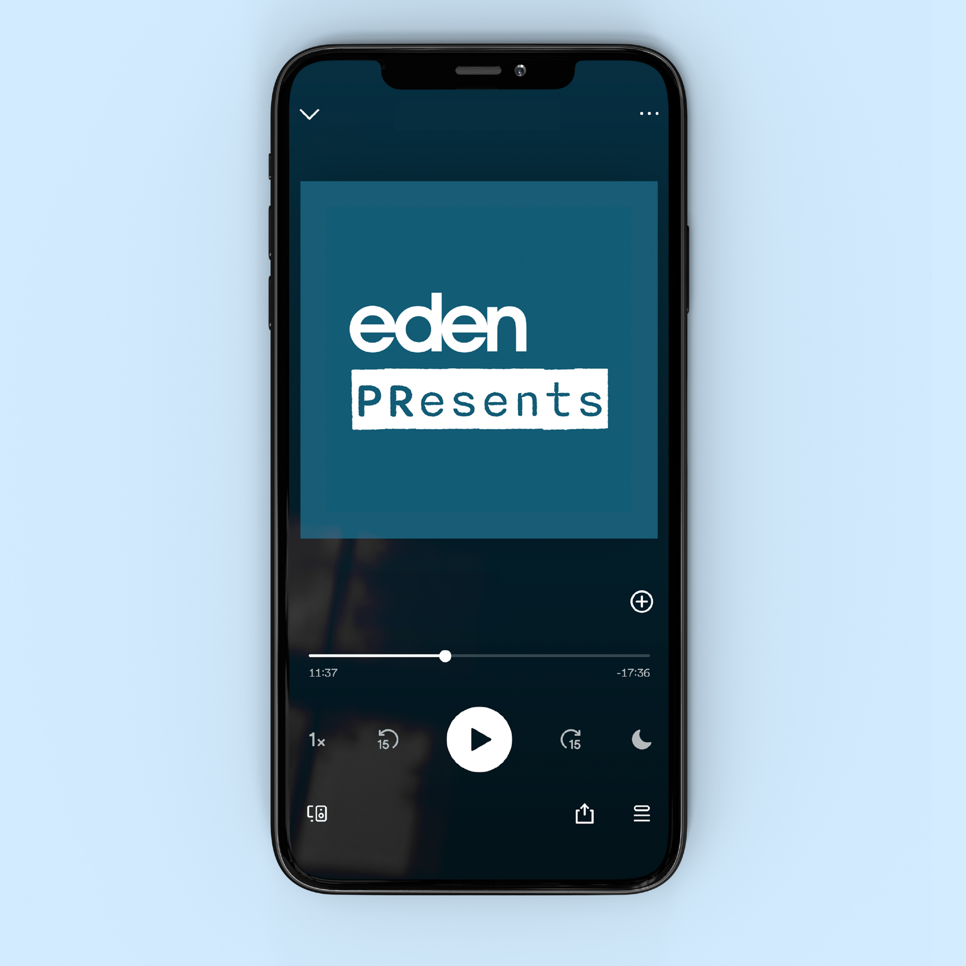 Smartphone screen showing a video player with “eden Presents” on a blue background and playback controls.