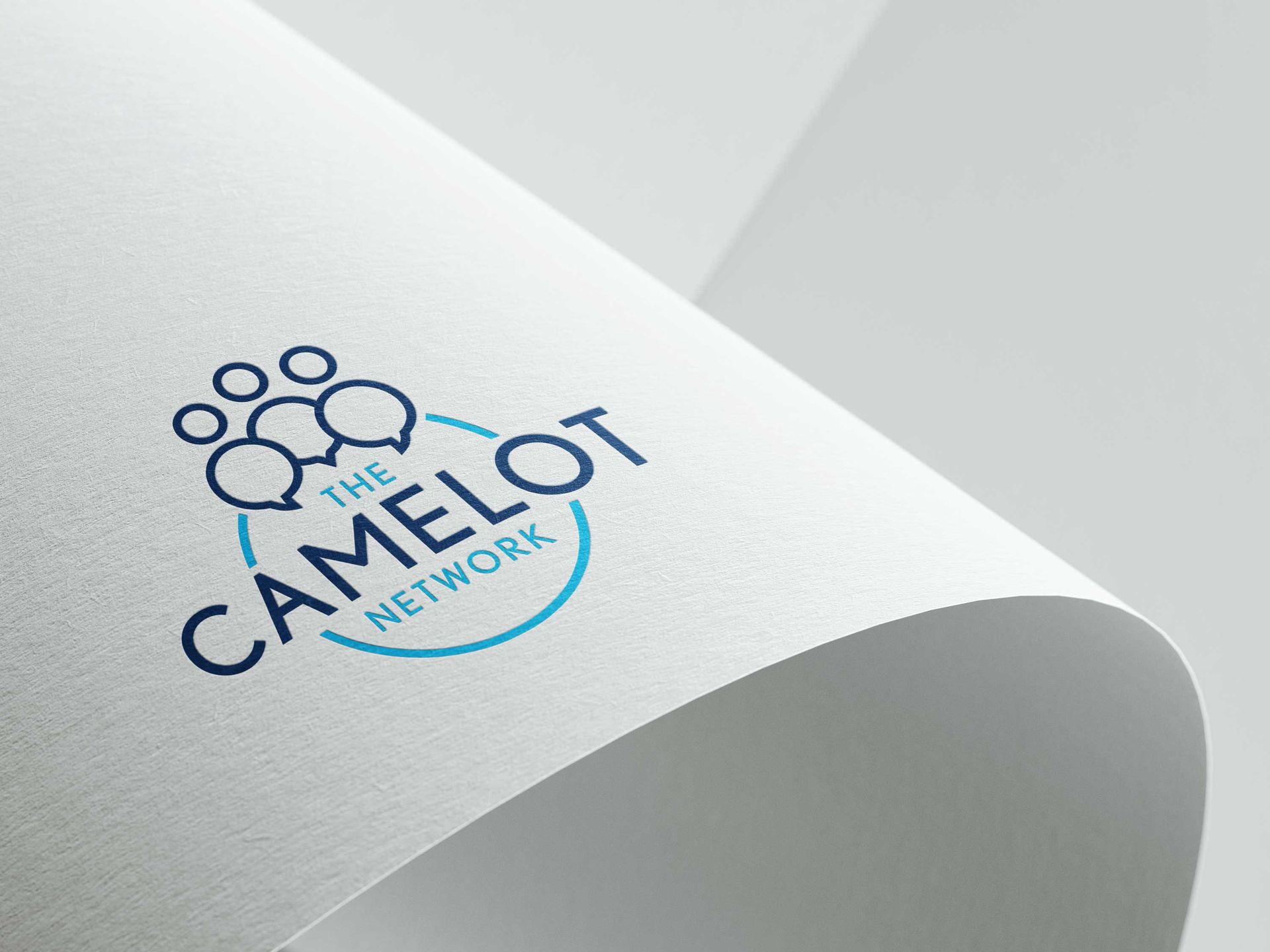 Camelot Network logo in blue on a curled white banner background