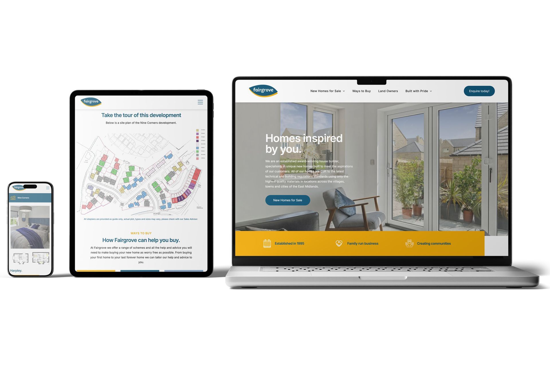 Responsive website layout displaying on phone, tablet, and laptop screens.
