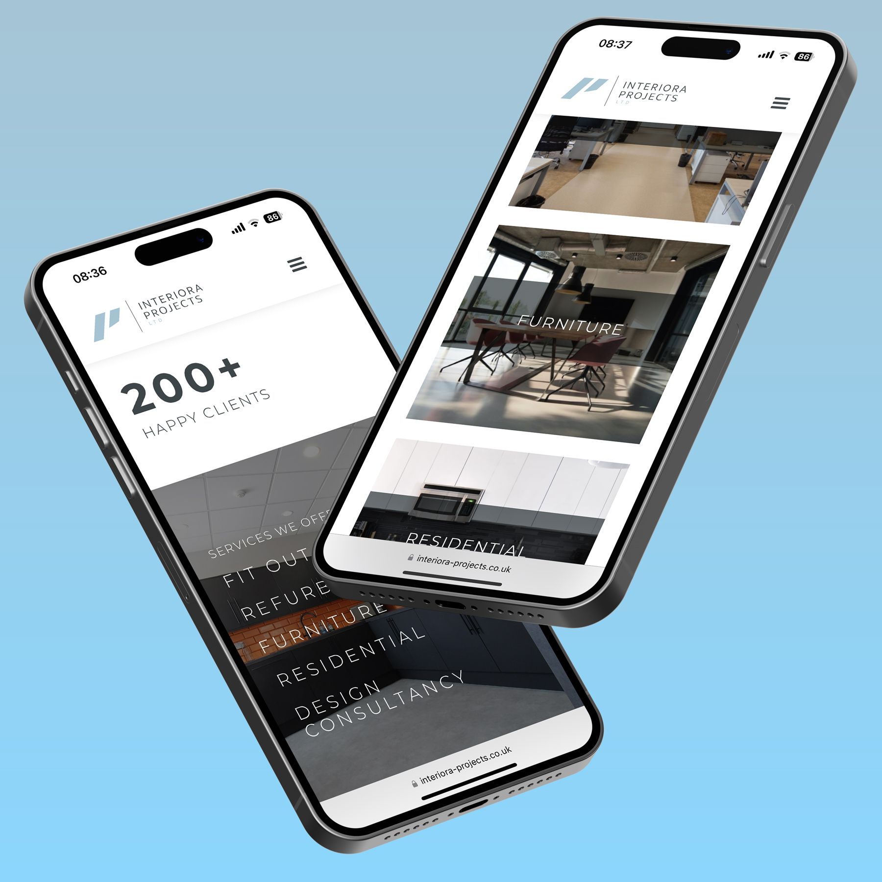 Two smartphones displaying a website for a design company.