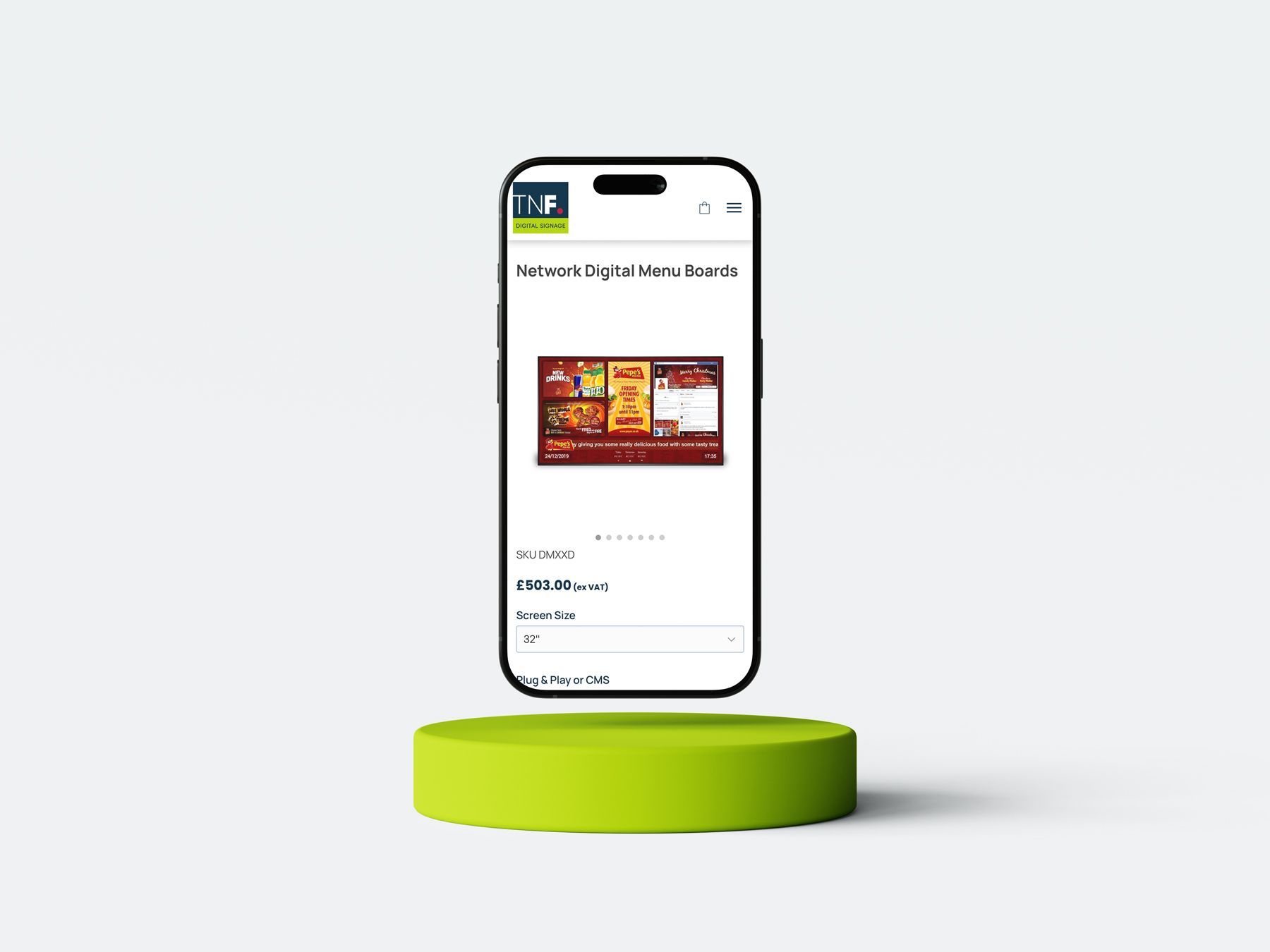 Smartphone displaying webpage, floating above a green pedestal. White background.