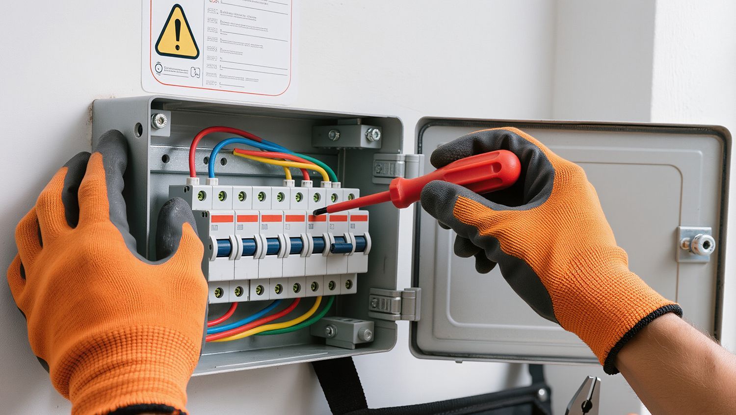 Electrician testing a breaker panel with a multimeter, wearing orange gloves.