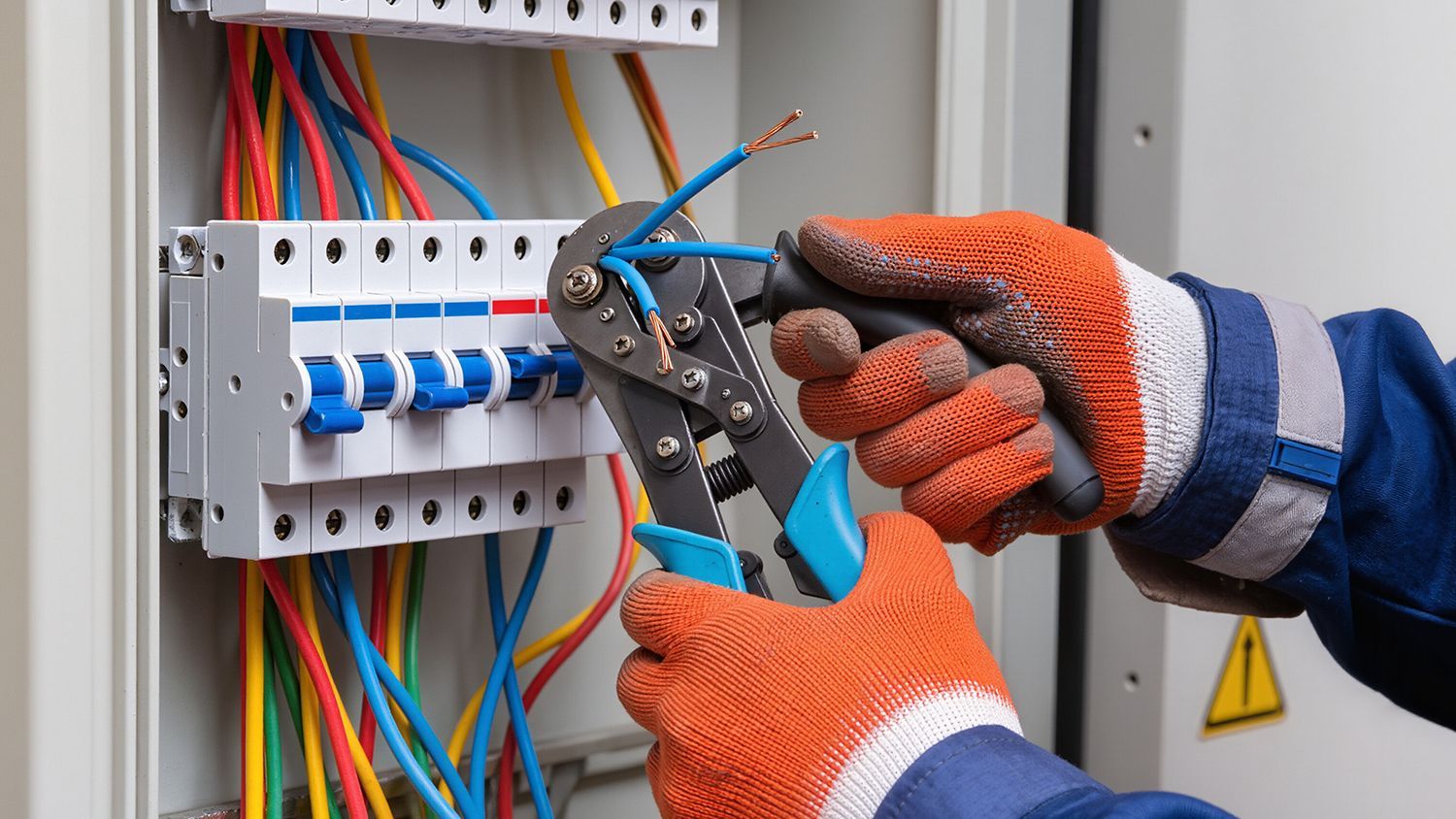Electrician using pliers to wire a circuit breaker panel with blue switches and colored wires