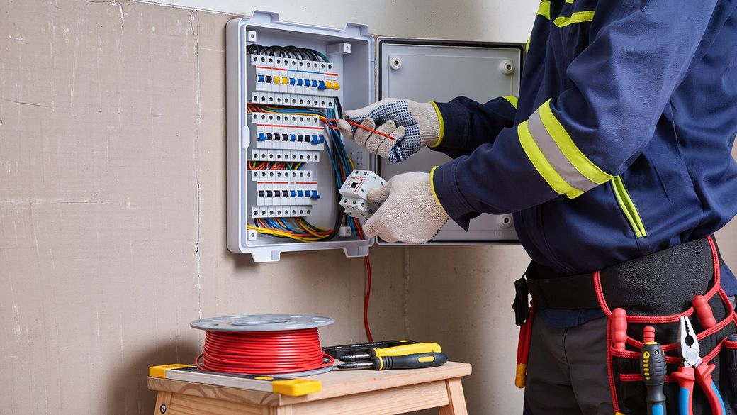 Electrician wiring a breaker panel with tools on a small workbench nearby Electrician wiring a breaker panel with tools on a small workbench nearby