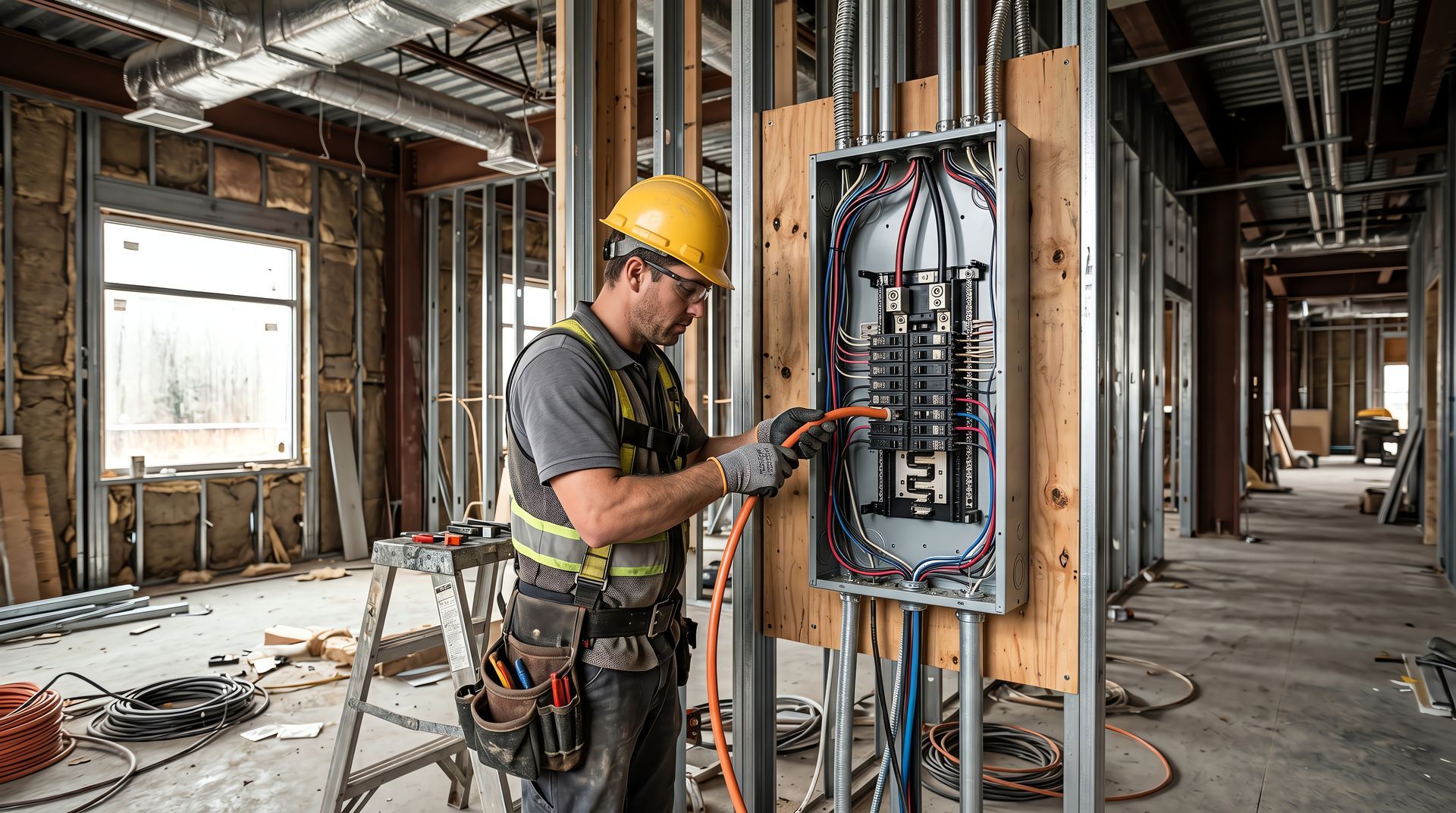 Electrician in hard hat wiring an open commercial breaker panel amid exposed studs and ductwork. Electrician in hard hat wiring an open commercial breaker panel amid exposed studs and ductwork.
