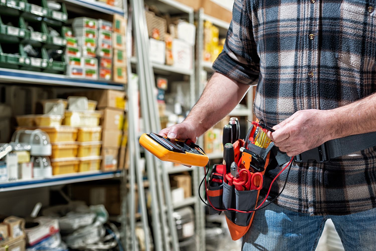 Technician holding a multimeter in an electronics parts store aisle