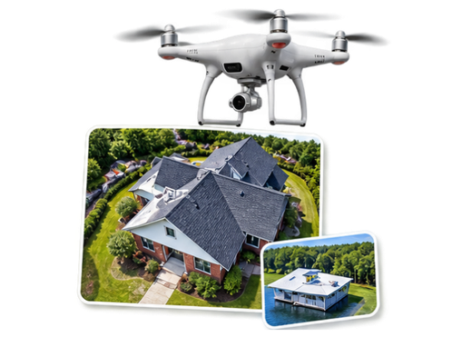 Drone surveying a house roof, with inset aerial views of the home and pool