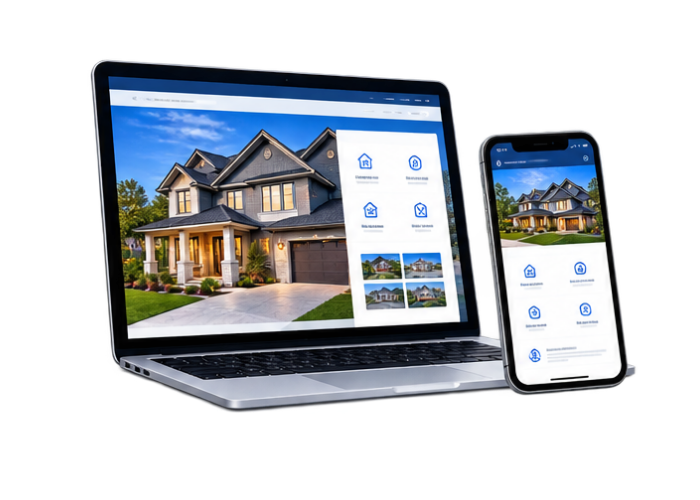 Laptop and smartphone displaying a house listing website with a suburban home photo and icons