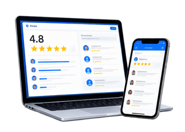 Laptop and smartphone showing a 4.8-star app review dashboard on white background