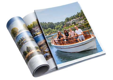 Open magazine showing a boat cruise on a lake with a blue sky and trees in the background