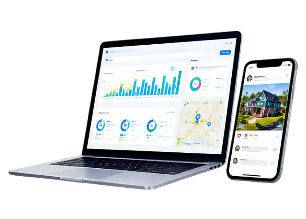 Laptop and smartphone displaying analytics dashboards and a home listing interface