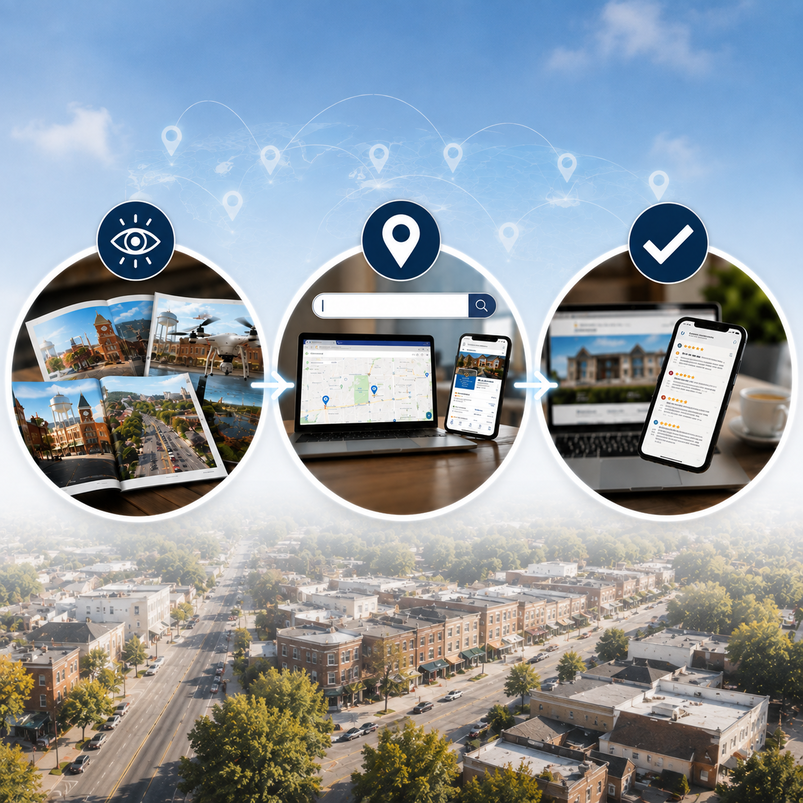 City aerial with three circular icons showing map pins, property photos, and a phone checkmark app interface
