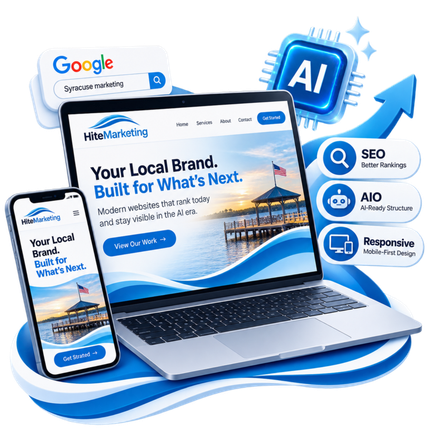 Laptop and phone showing a web design and SEO marketing website with AI icons and blue accents