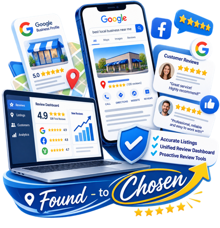 Collage of Google and Facebook review cards with star ratings and a blue “Found to Chosen” ribbon