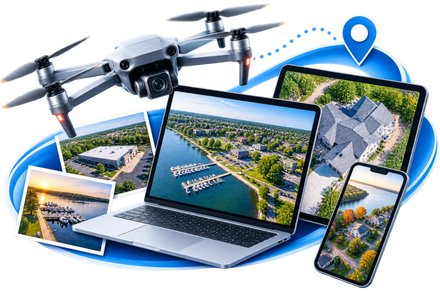 Drone, laptop, and smartphone displaying aerial maps and travel locations.